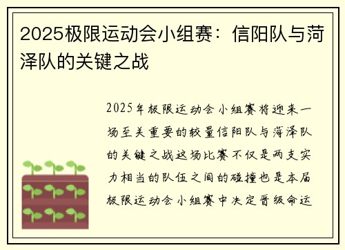 2025极限运动会小组赛：信阳队与菏泽队的关键之战